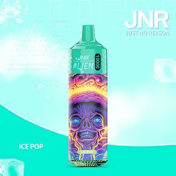 A colorful vape device with an alien-themed design labeled "JNR ALIEN 10000 Ice Pop."