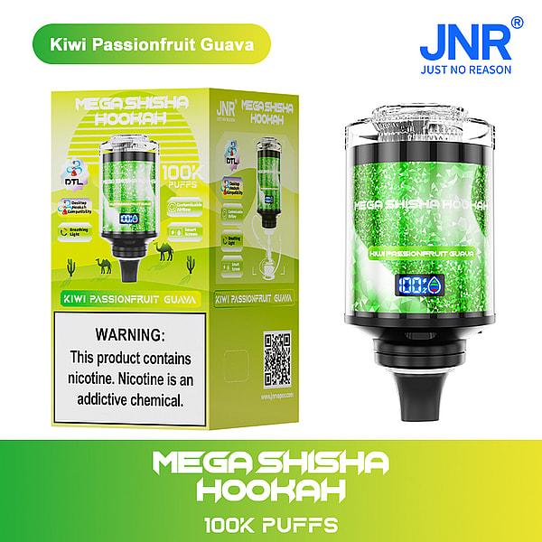 Packaging and product image of the JNR Mega Shisha Hookah in Kiwi Passionfruit Guava flavor, featuring 100K puffs, a digital display, and various features highlighted, including nicotine warning.