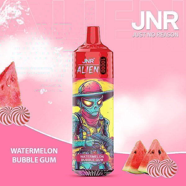 A vibrant e-cigarette design featuring a blue alien wearing a cowboy hat and holding a futuristic weapon, with watermelon slices and candy visuals, labeled "Watermelon Bubble Gum."