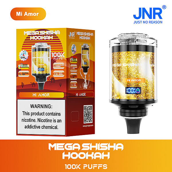 A colorful packaging design for "Mi Amor Mega Shisha Hookah" featuring a transparent hookah with a digital display, prominently stating "100K PUFFS" and a warning about nicotine being an addictive chemical. The background has a sunset theme with silhouettes, and the top includes branding elements for "JNR."