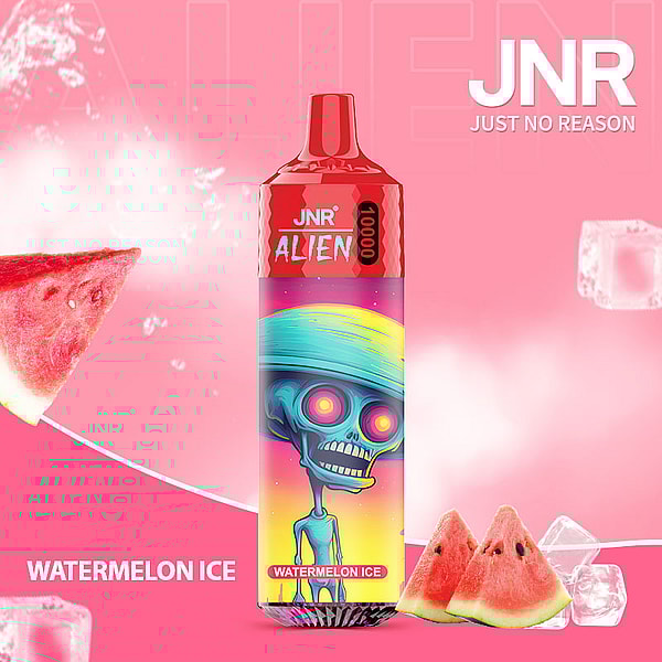 Alien-themed vape device with a red top, colorful alien design, labeled "Watermelon Ice," surrounded by watermelon slices and ice cubes on a pink background.