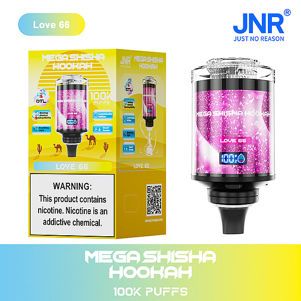 A yellow and pink packaging for the "Mega Shisha Hookah" with 100K puffs, featuring a digital display, customizable airflow, and warning about nicotine addiction.