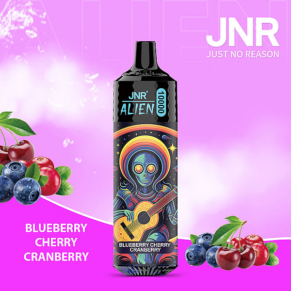 JNR Alien vape with blueberry, cherry, and cranberry flavors on a pink background.