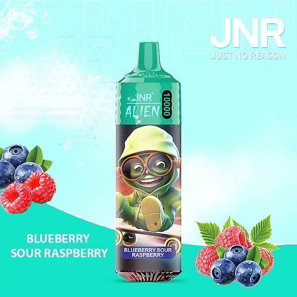 A green-themed vape device labeled "JNR Alien 10000" with a blueberry sour raspberry flavor, featuring a cartoon alien in a hoodie and goggles, surrounded by blueberries and raspberries on a light blue background.