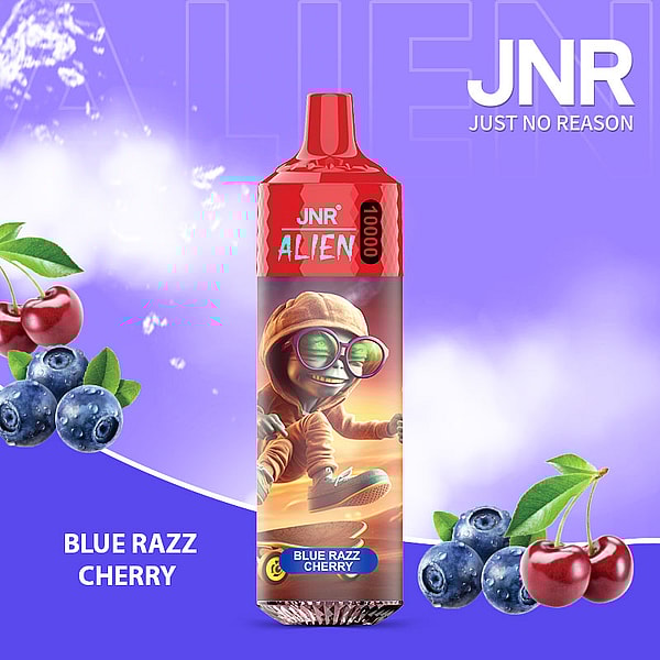 A red vape device labeled "JNR ALIEN" with a blueberry and cherry flavor theme, featuring an animated alien character in a hoodie and glasses.