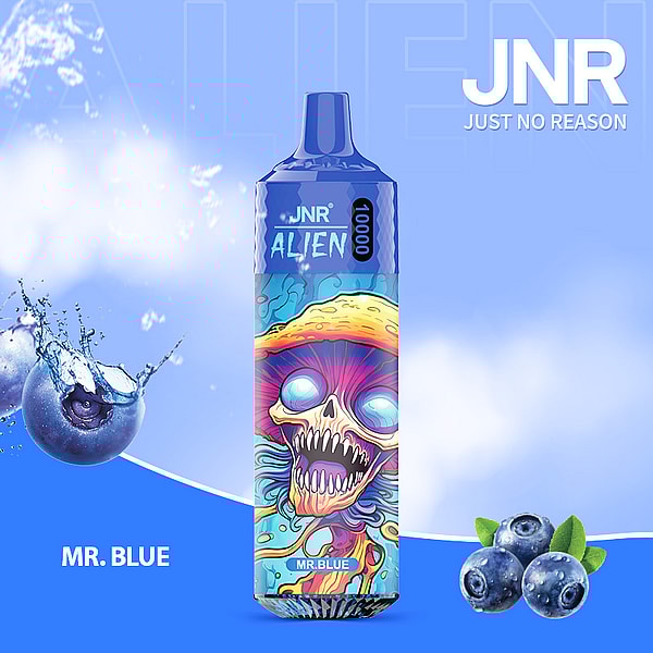 A colorful vape device with a "JNR Alien" label, blueberry theme, and skull artwork.