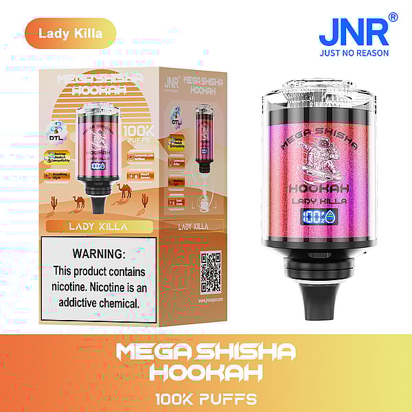 A colorful "Mega Shisha Hookah" device labeled "Lady Killa" with 100K puffs, featuring a digital display, packaged alongside an orange desert-themed box with product warnings and features.