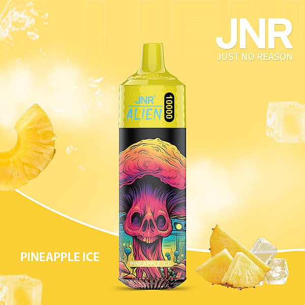 A yellow vape device labeled "JNR Alien 10000" with a pineapple ice flavor, featuring vibrant artwork of a skull and colorful design, surrounded by pineapple slices and ice cubes.