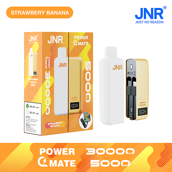 A strawberry banana flavored JNR Power Mate device with 30,000 puffs and 5000mAh battery, shown in packaging and open view with dual cartridges.