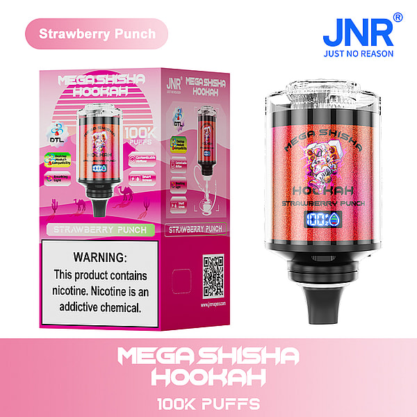 A pink-packaged Mega Shisha Hookah labeled "Strawberry Punch," with 100K puffs capacity, featuring a digital display and nicotine warning.