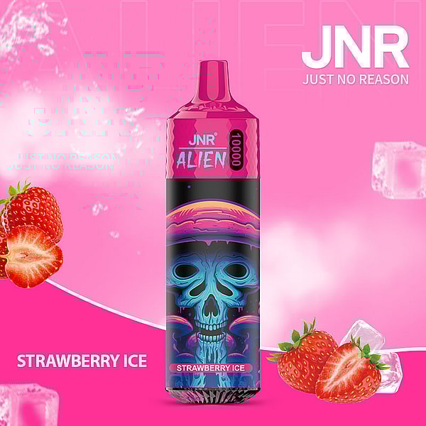 A pink-themed vape device labeled "JNR Alien Strawberry Ice" with strawberries and ice cubes.