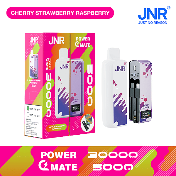JNR Power Mate vaping device with a cherry strawberry raspberry flavor, featuring a 5000mAh battery, 30000 puffs capacity, digital display, and a vibrant purple and white design alongside its colorful packaging.