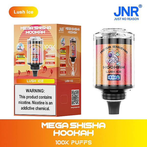 "Packaging and product image of the JNR Mega Shisha Hookah with Lush Ice flavor, featuring a colorful design, 100K puffs capacity, and nicotine warning label."