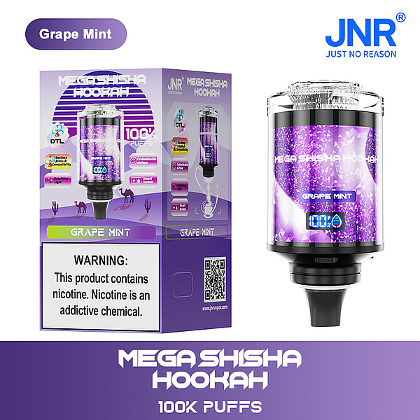 A purple and black Mega Shisha Hookah device with "Grape Mint" flavor, 100K puffs displayed on packaging, alongside product warnings and features, branded "JNR."