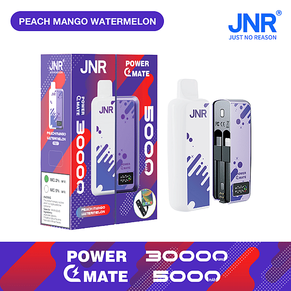 A JNR-branded disposable vape device in peach mango watermelon flavor, showcasing its packaging, device design, and features, including 30,000 puffs, 5,000mAh capacity, and refillable pod compatibility.