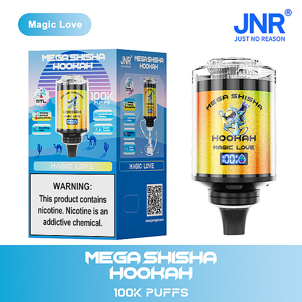 Mega Shisha Hookah Magic Love packaging and device, featuring 100K puffs, customizable airflow, smart screen, and nicotine warning label.