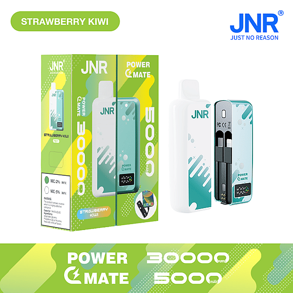 Strawberry Kiwi flavored JNR Power Mate 5000mAh rechargeable vape device packaging and product, showing the device with its internal cartridge storage and vibrant green and yellow design.