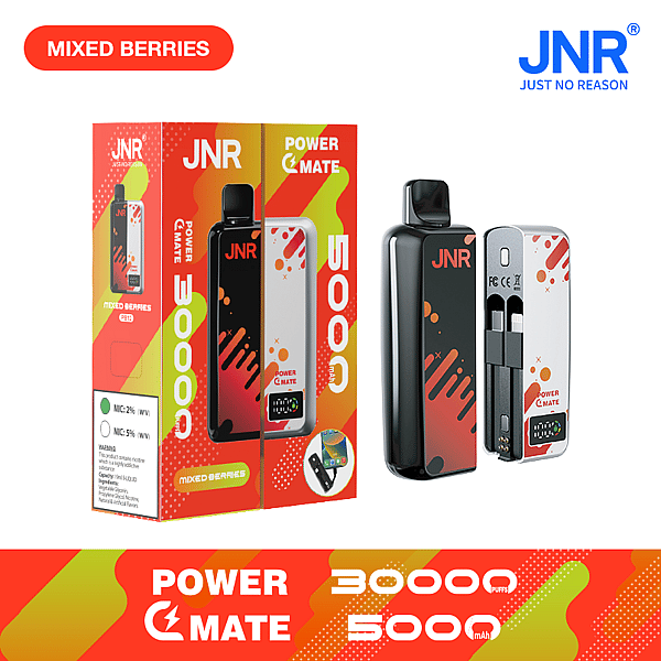 "JNR Power Mate 5000mAh device and packaging, featuring a vibrant design with orange and red patterns, labeled with '30,000 puffs' and 'Mixed Berries' flavor."