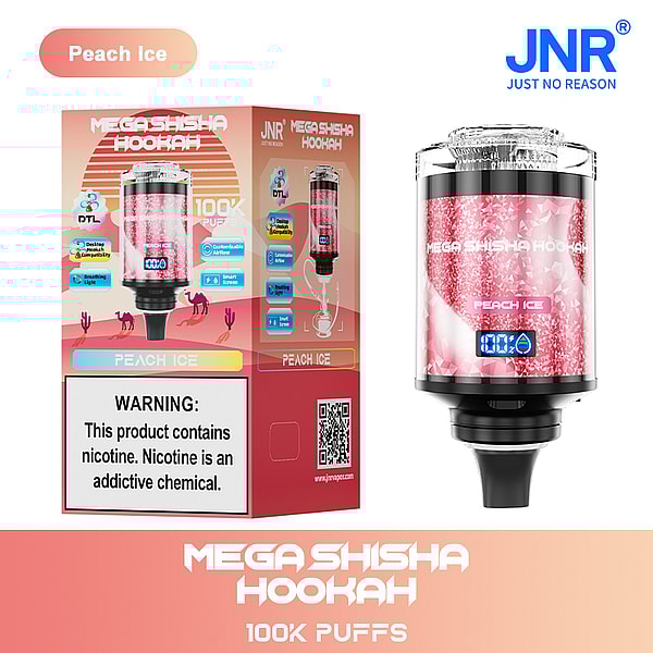 Peach Ice flavored Mega Shisha Hookah with 100,000 puffs, featuring a customizable airflow, smart screen, desktop compatibility, and a nicotine warning label.