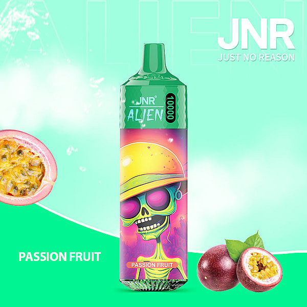 A vibrant green disposable vape labeled "JNR Alien 10000" with passion fruit flavor, featuring colorful alien-themed artwork and fresh passion fruit imagery.