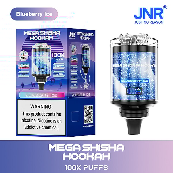 A blue-packaged Mega Shisha Hookah labeled "Blueberry Ice," with 100K puffs capacity, featuring a digital display and nicotine warning.