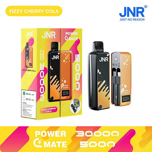 JNR Power Mate device in Fizzy Cherry Cola flavor, featuring a sleek orange and black design with 30,000 puffs and 5000mAh battery, shown with packaging highlighting its specifications.