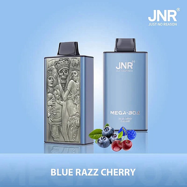 A metallic vape device with engraved skeleton art, labeled "Blue Razz Cherry."