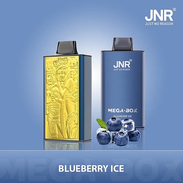 A sleek vape device featuring a gold embossed design on one side and a blue surface with "JNR" and "MEGA BOX BLUEBERRY ICE" branding, accompanied by blueberry and ice cube graphics.