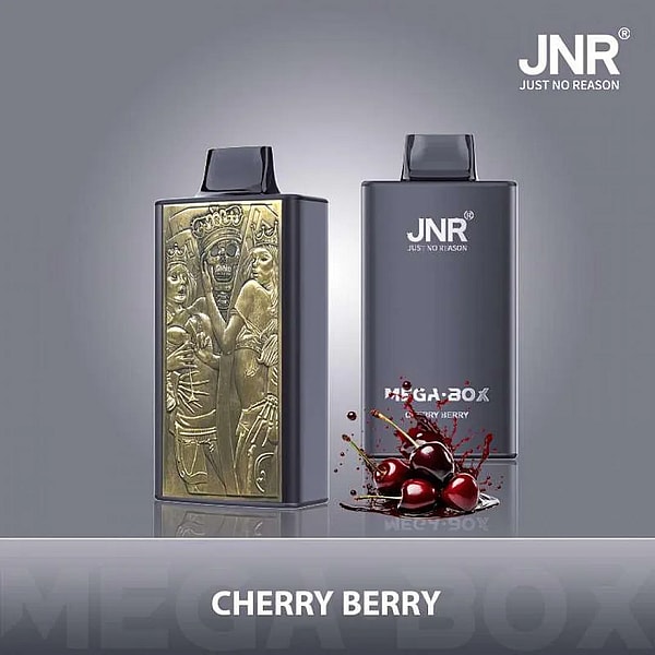 A sleek rectangular vape device with intricate gold engraving and "JNR" branding, featuring a cherry berry flavor and cherry imagery.