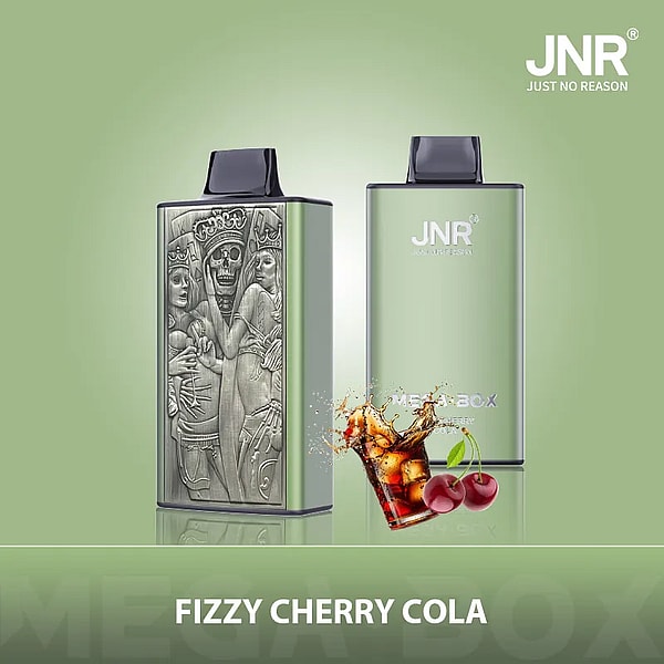 A green vaping device with engraved artwork and text "Fizzy Cherry Cola."