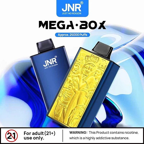 A blue and gold JNR Mega Box vaping device with a design featuring approximately 25,000 puffs, accompanied by a warning for adult use only and nicotine addiction.