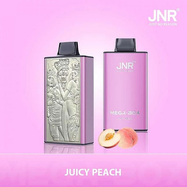 A pink vape device with a carved design and "Juicy Peach" flavor label.