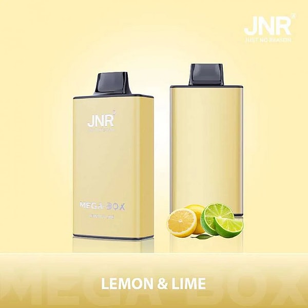 Two sleek yellow vape devices with "JNR" and "MEGA BOX LEMON & LIME" branding, accompanied by lemon and lime graphics on a light yellow background.