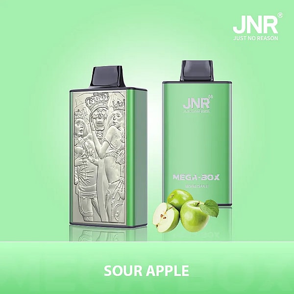 A green sour apple-themed vape device with embossed artwork and branding.