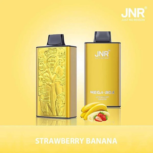 Golden rectangular vape device with embossed artwork, branded "JNR," featuring strawberry banana flavor.