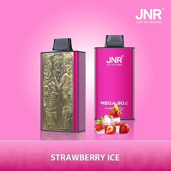 A pink vape device with "JNR" branding and the flavor "Strawberry Ice," featuring a gold embossed design on one side and strawberries with ice cubes in the foreground.