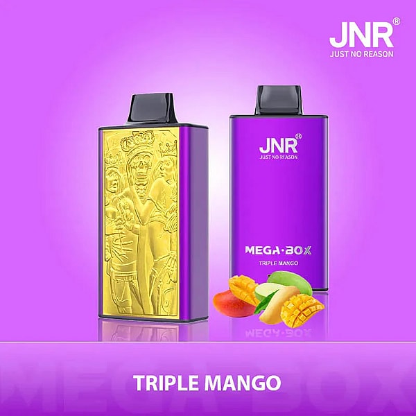 Purple and gold JNR Mega Box vaping device with Triple Mango flavor, featuring a gold engraved design and mango slices in the foreground.
