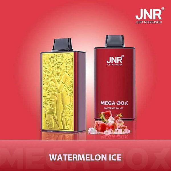Two red rectangular vape devices labeled "JNR," with "MEGA BOX Watermelon Ice" branding, featuring a gold decorative panel and watermelon pieces with ice cubes in the foreground.