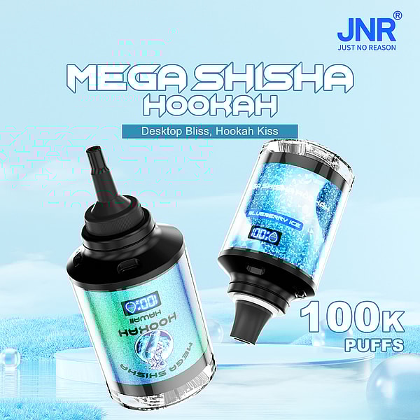 Mega Shisha Hookah device featuring a sleek black and silver design, showcasing "Blueberry Ice" flavor, with a digital puff counter and a claim of 100,000 puffs against a blue sky background.