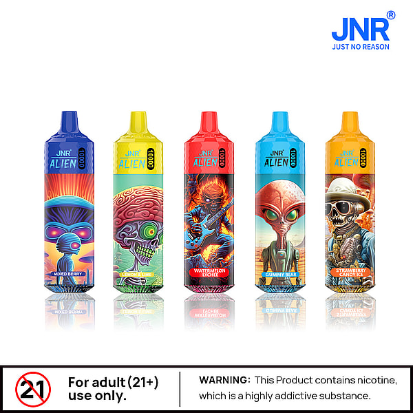A lineup of five colorful JNR Alien 10000 vape devices with alien-themed designs, each labeled with a different flavor: Mixed Berry, Lemon Lime, Watermelon Lychee, Gummy Bear, and Strawberry Candy Ice, alongside a warning for adults 21+ and nicotine addiction risk.