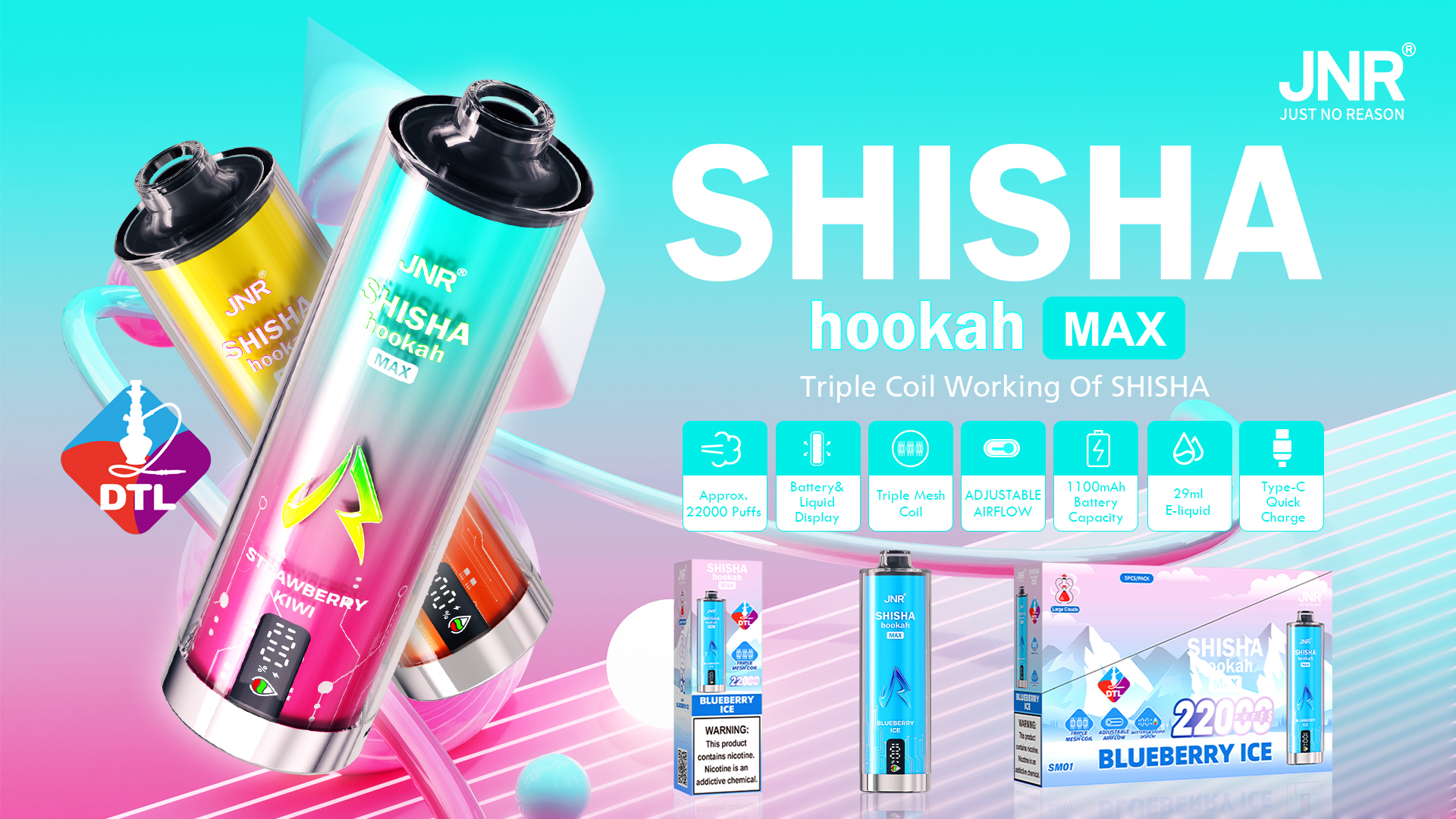 JNR® SHISHA hookah MAX Disposable Vape – Approx. 22000 Puffs | Triple Mesh Coils & Direct To Lung