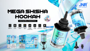 "Promotional image of the JNR Mega Shisha Hookah featuring product highlights such as approximately 100K puffs, smart screen, customizable airflow, breathing light, 60ml e-liquid capacity, 2200mAh battery, and Type-C charging port, with a focus on the Blueberry Ice flavor and desktop hookah compatibility."