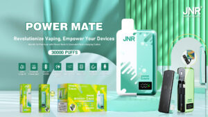 A promotional image showcasing the JNR Power Mate, a pod vape device with a 5000mAh power bank, concealed dual-charging cables, 19ml e-liquid capacity, 30,000 puffs, smart screen, dual mesh coil, magnetic connection, Type-C quick charge, and smooth flavor, displayed with packaging and product details.
